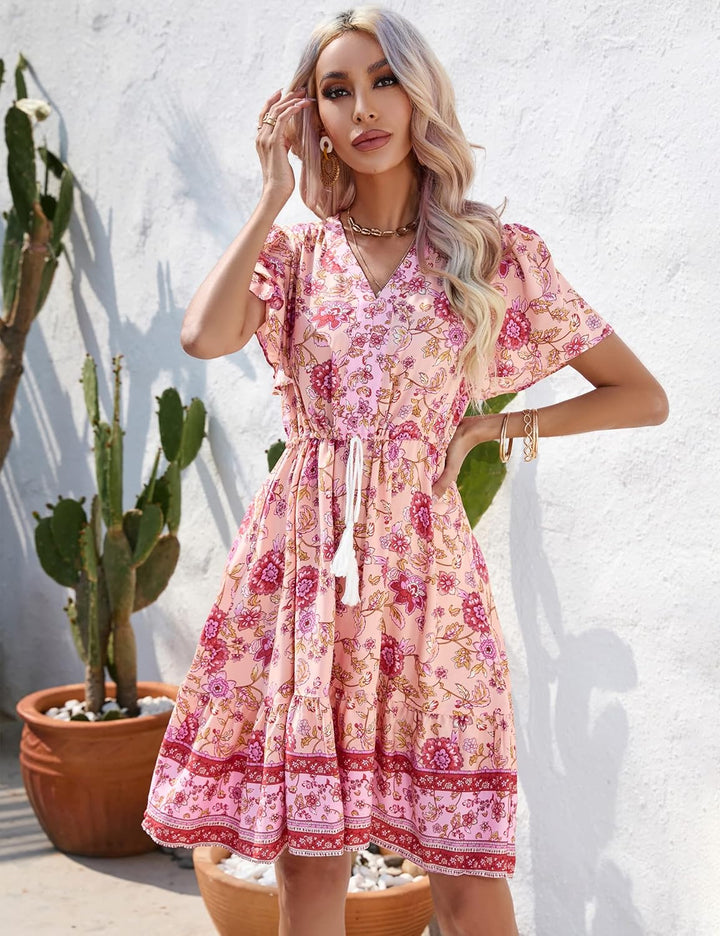Damen Sommerkleid Boho Tunika Kleid Kurzarm Minikleider V-Ausschnitt Strandkleid kurz Blumenkleid Rü