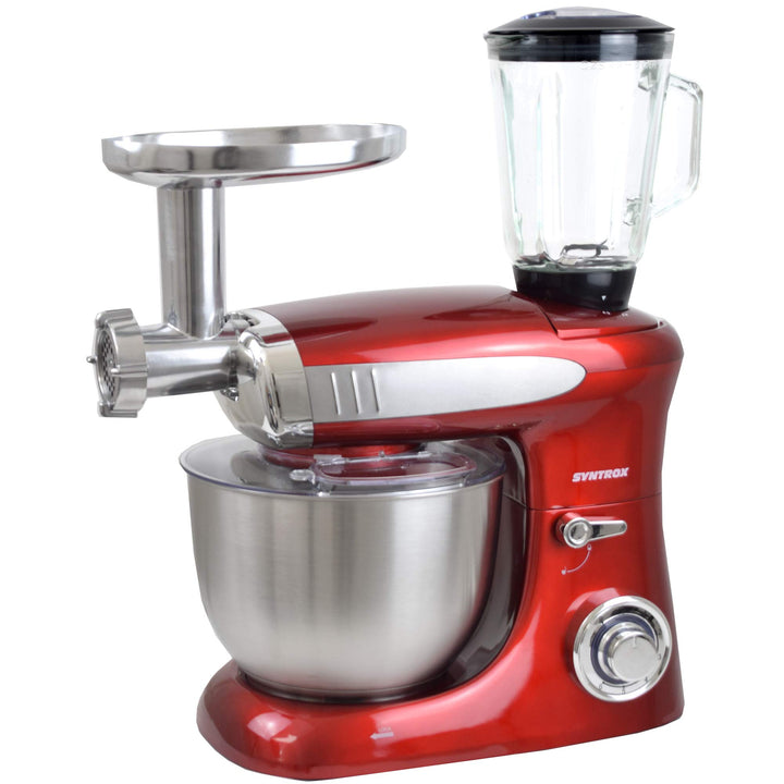 Syntrox Germany KM-1300W Red de Luxe Küchenmaschine Knetmaschine Mixer mit Fleischwolf, Edelstahl-Be