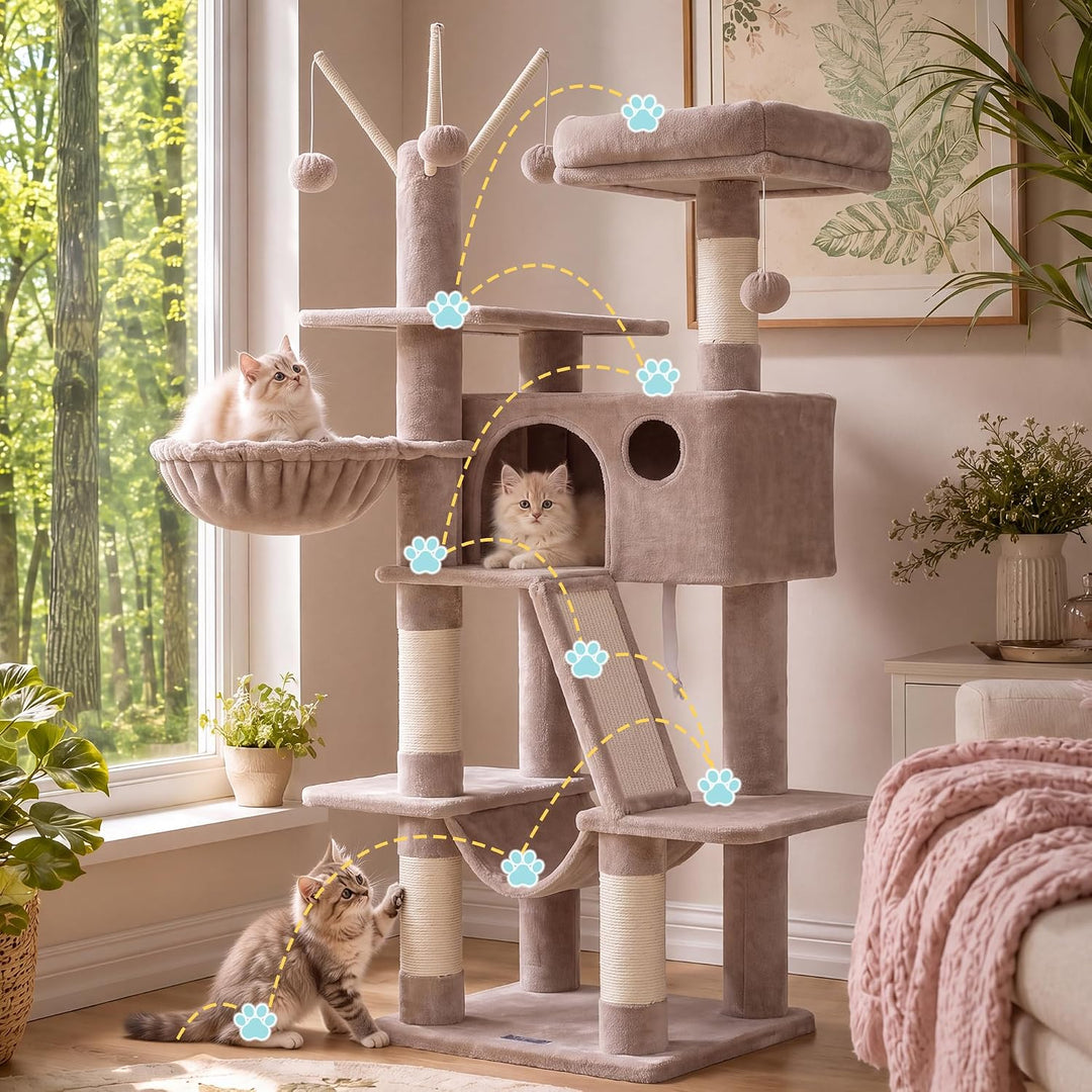 Hey-Brother Kratzbaum, 135 cm Indoor Katzenbaum, Mit gepolsterter Plattform Bett, Spielzeug Ball, Hö