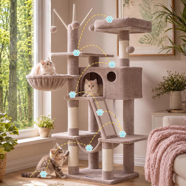 Hey-Brother Kratzbaum, 135 cm Indoor Katzenbaum, Mit gepolsterter Plattform Bett, Spielzeug Ball, Hö