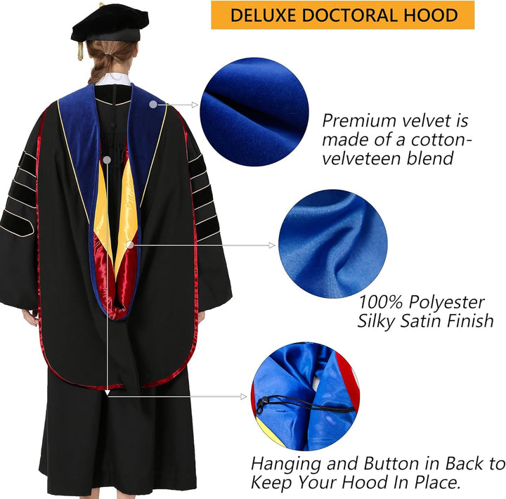 GraduationMall Deluxe Doktorand Abschluss Kapuze mit Goldpaspeln Akademisch Unisex 10 Farben Blau/Kö