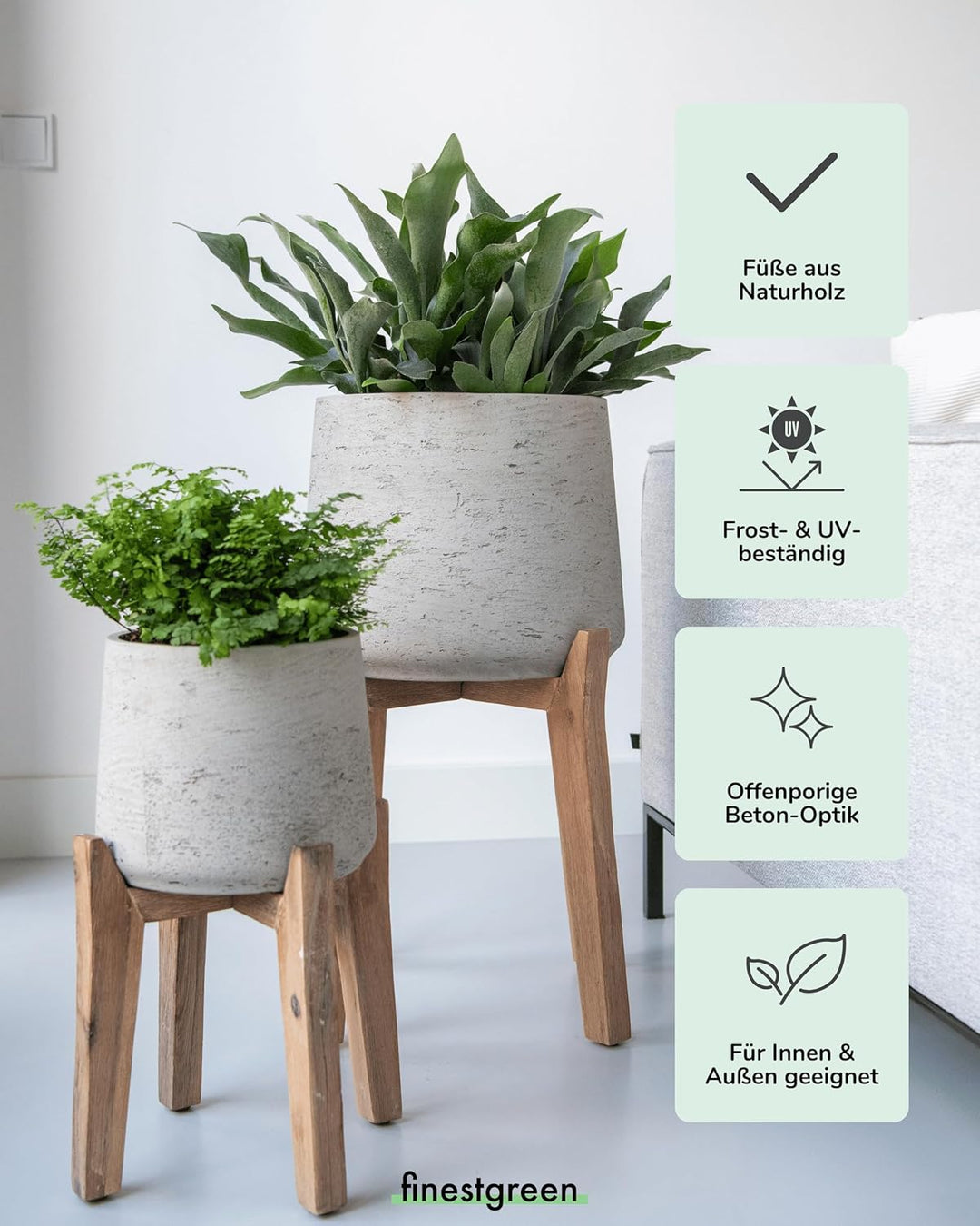 Finestgreen Patt Feet High | Handgefertigtes Pflanzgefäss auf Holzfüssen (XL Ø:30,5 H:43,5 cm, Grau)