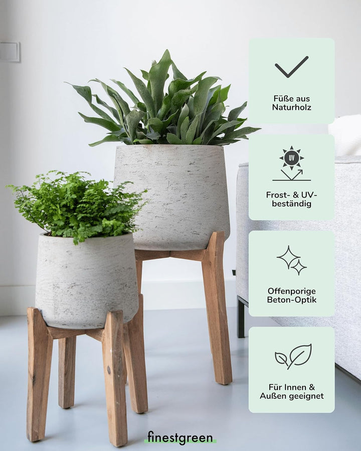 Finestgreen Patt Feet High | Handgefertigtes Pflanzgefäss auf Holzfüssen (XL Ø:30,5 H:43,5 cm, Grau)