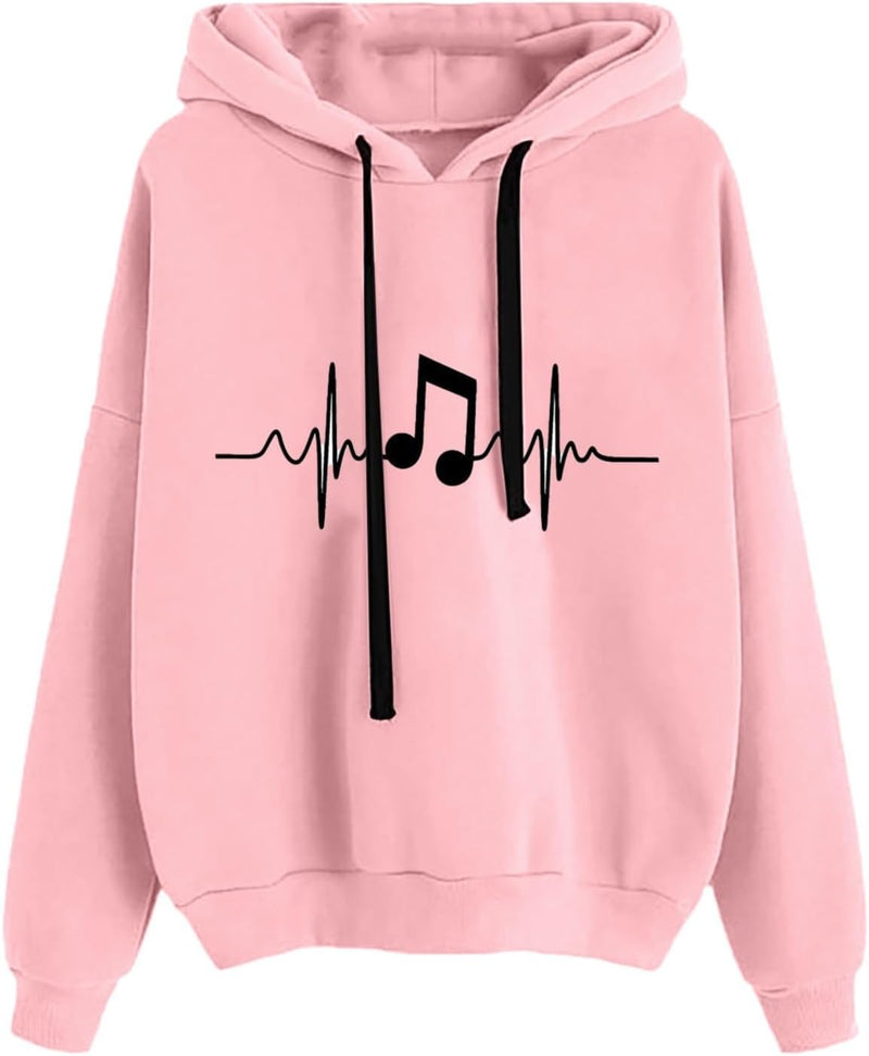 Gestreifter Pulli Damen Rundhals-Langarm-Sweatshirt mit Musiknoten-Aufdruck einfarbig mit Kapuze mod