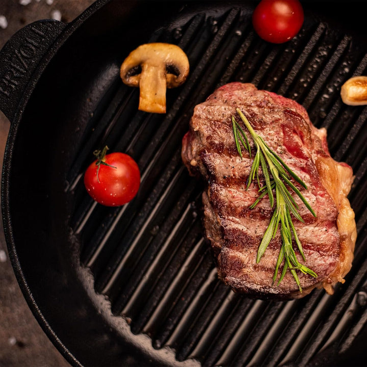 Ø28cm Grillpfanne Gusseisen mit Pressdeckel Glasdeckel Pfannenwender Induktion Holzgriff Bratpfanne