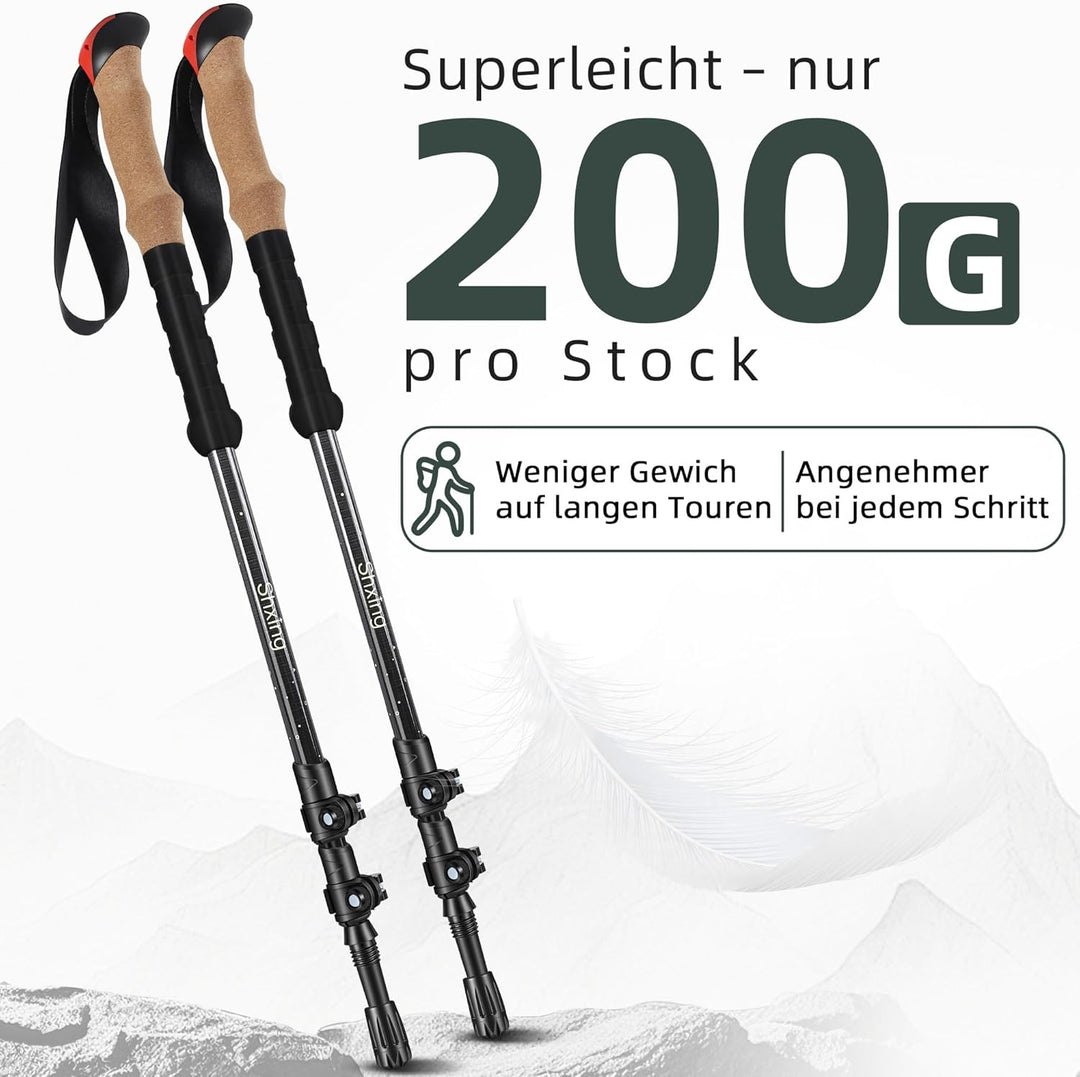 Teleskop-Wanderstöcke Carbon 2er Set, 200 g pro Stock, 62–135 cm verstellbar, leicht & stabil, Korkg