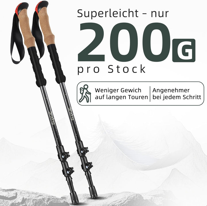 Teleskop-Wanderstöcke Carbon 2er Set, 200 g pro Stock, 62–135 cm verstellbar, leicht & stabil, Korkg
