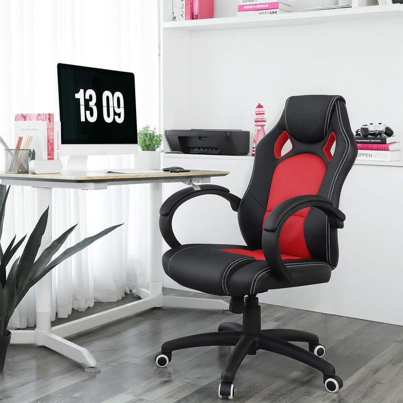 SONGMICS Racing Stuhl Bürostuhl Gaming Stuhl Chefsessel Drehstuhl PU, schwarz-rot, OBG56BR, 70*66.5*