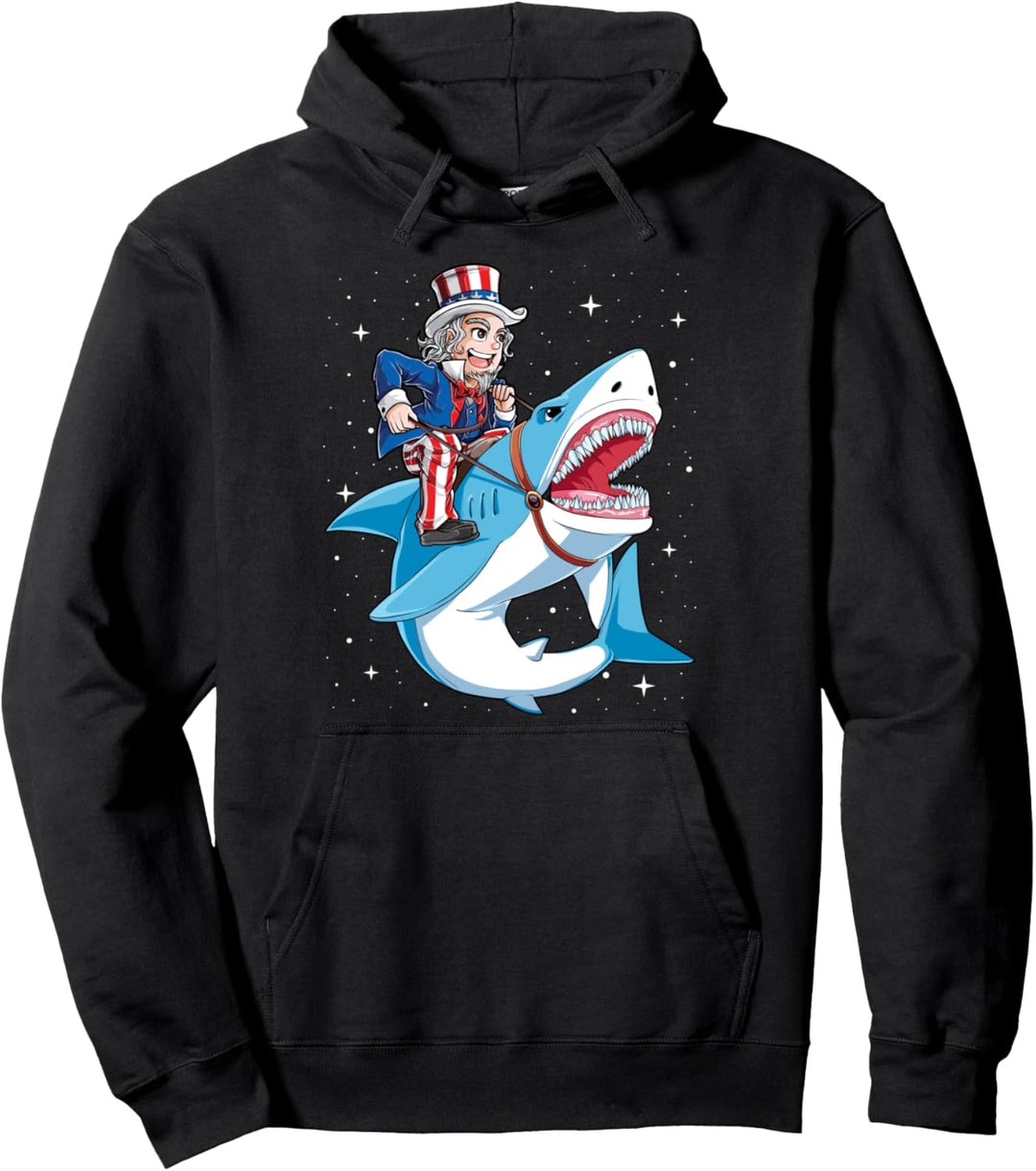 Uncle Sam Riding Shark 4th of July Men Women American Flag Pullover Hoodie