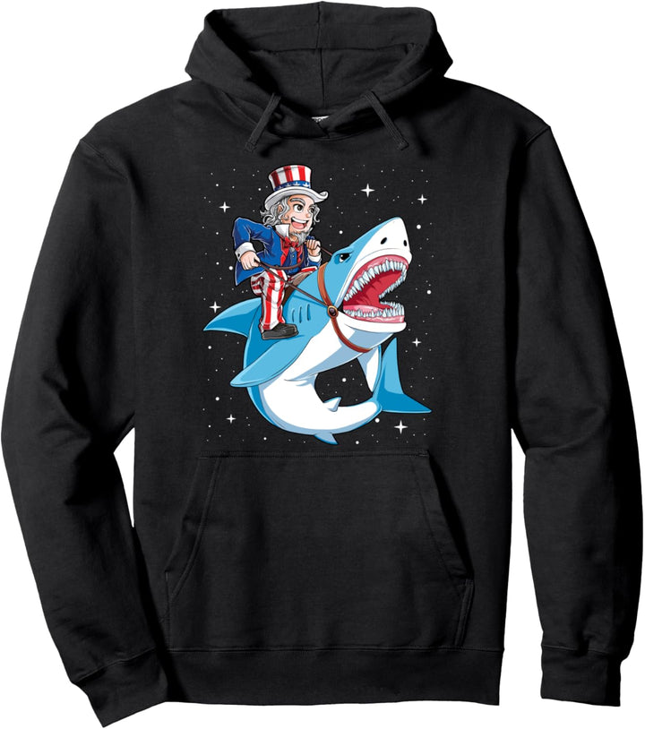 Uncle Sam Riding Shark 4th of July Men Women American Flag Pullover Hoodie
