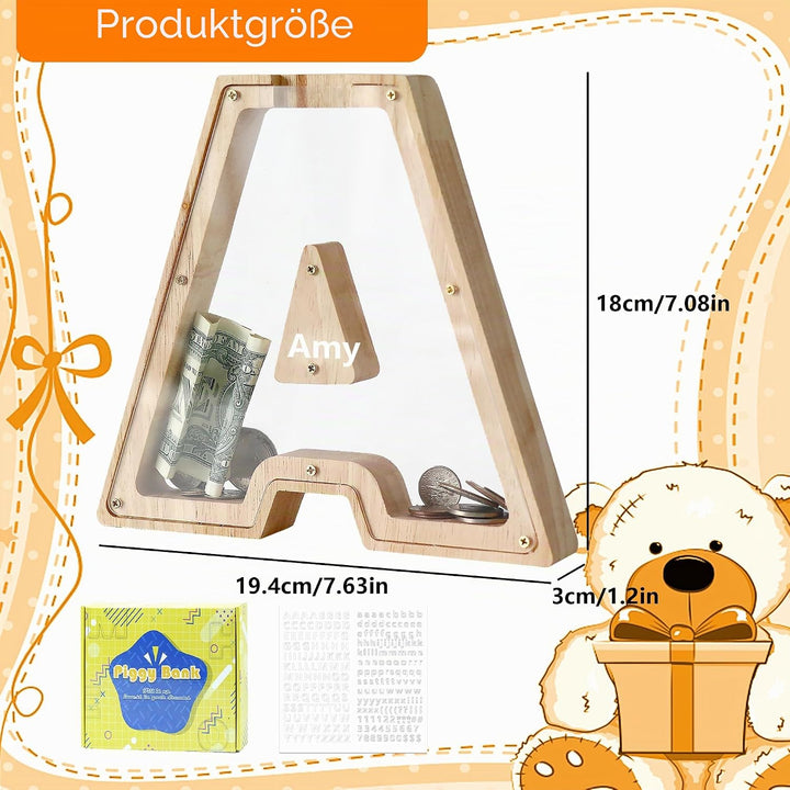 DBPBToU Spardose aus Holz Buchstaben, Sparschwein Durchsichtig für Kinder, Sparbox Personalisierte,
