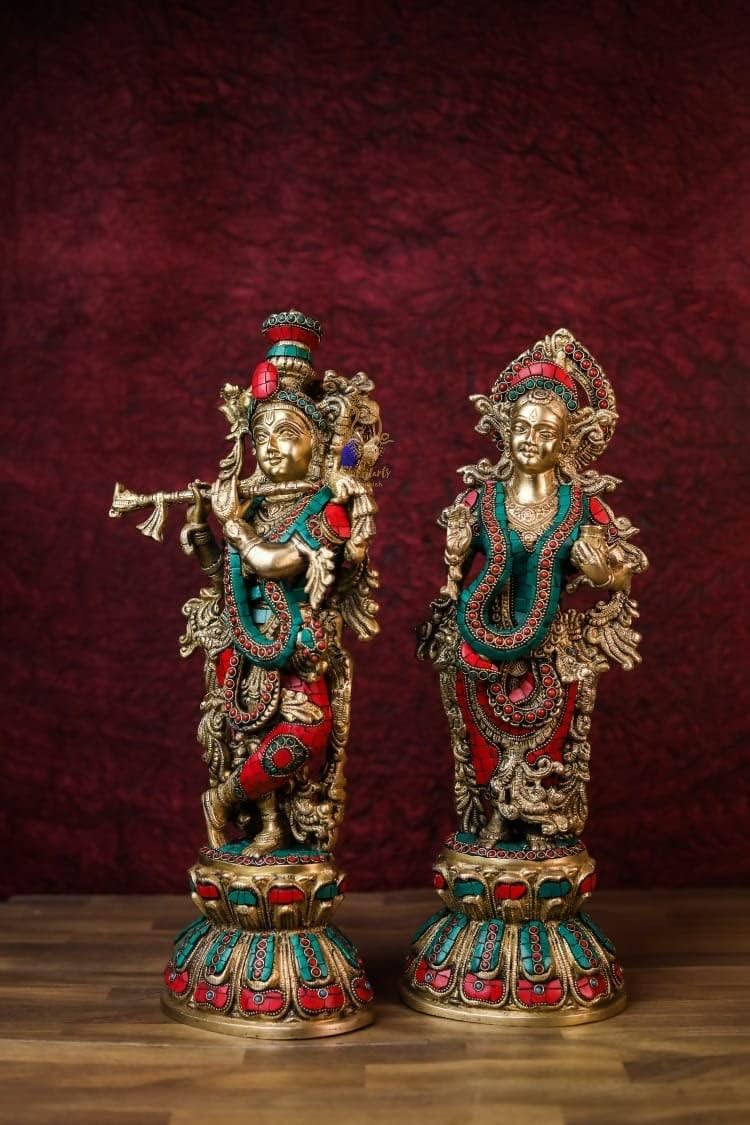 SHIVAJI ARTS Radha Krishna Statue Messing mit Steinarbeit, mehrfarbig, 45,7 cm, grosse Grösse, 1 Stü