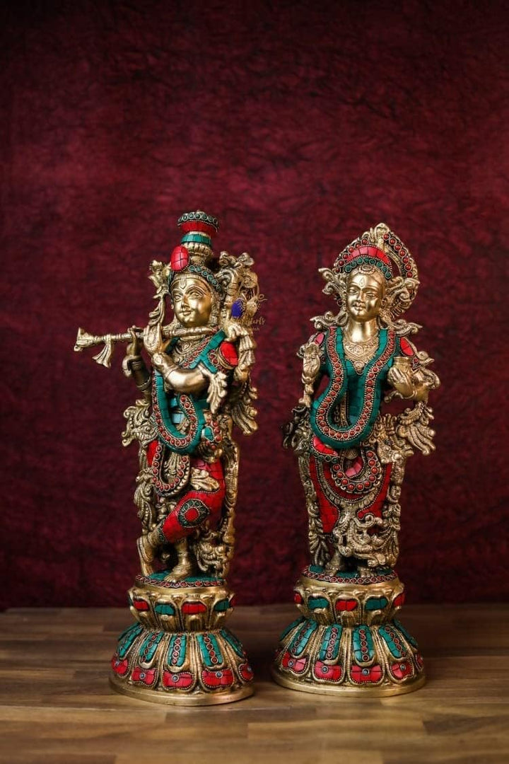 SHIVAJI ARTS Radha Krishna Statue Messing mit Steinarbeit, mehrfarbig, 45,7 cm, grosse Grösse, 1 Stü