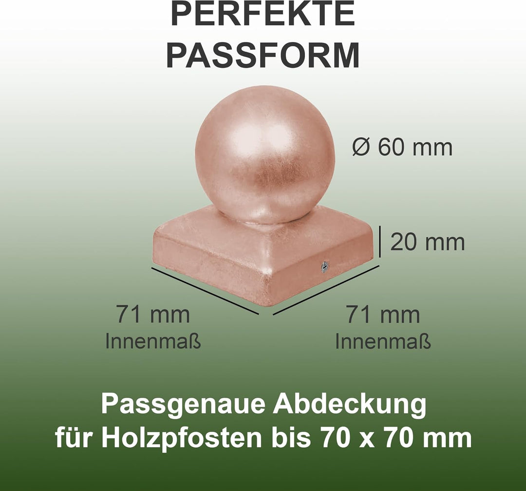 h2i Pfostenkappe Kugel | Kupfer | 71 x 71 mm | 5 Stück | Eckige Abdeckkappe für Garten Holzpfosten P