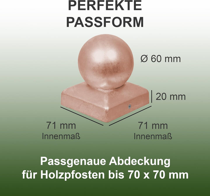 h2i Pfostenkappe Kugel | Kupfer | 71 x 71 mm | 5 Stück | Eckige Abdeckkappe für Garten Holzpfosten P