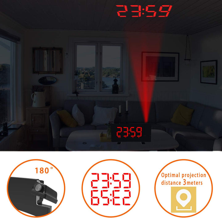 ThreeH Projektionswecker mit USB-Telefonladegerät Radiowecker mit 2 Wecktönen/4 Dimmer/180° drehbar/