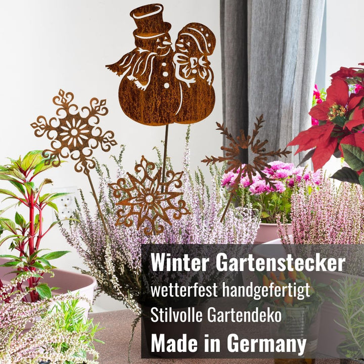 Terma Stahldesign Gartenstecker Rost 4er Set Schneemann mit Sterne/Eiskristall Made in Germany Outdo