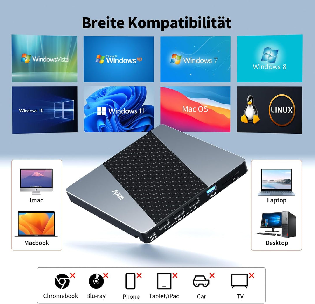 Alxum Externes DVD Laufwerk - USB 3.0 Type C CD Laufwerk extern USB mit SD/TF Kartenleser und USB An