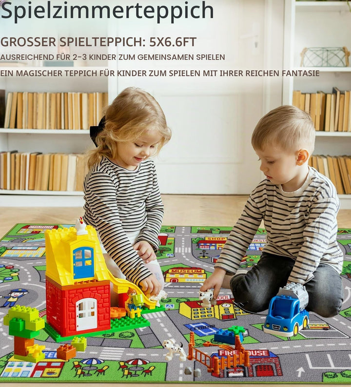 Capslpad Autoteppich Kinder 150x200cm rutschfest Kinderteppich Stadtplan Interaktiver Spielteppich W