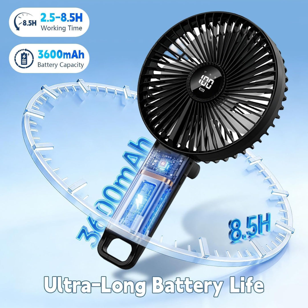 VanSmaGo Handventilator Akku Aufladbar, 5 Stufen USB Fan (Full Black) | Tisch/Hand/Reise, 8,5 Std. A