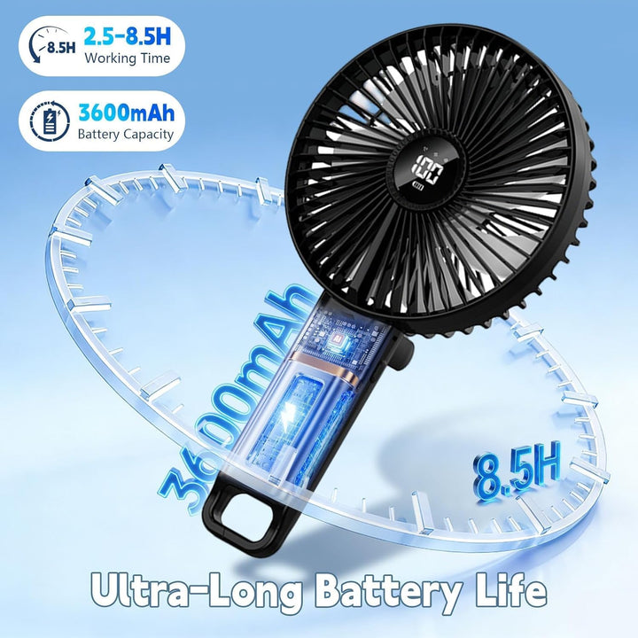 VanSmaGo Handventilator Akku Aufladbar, 5 Stufen USB Fan (Full Black) | Tisch/Hand/Reise, 8,5 Std. A