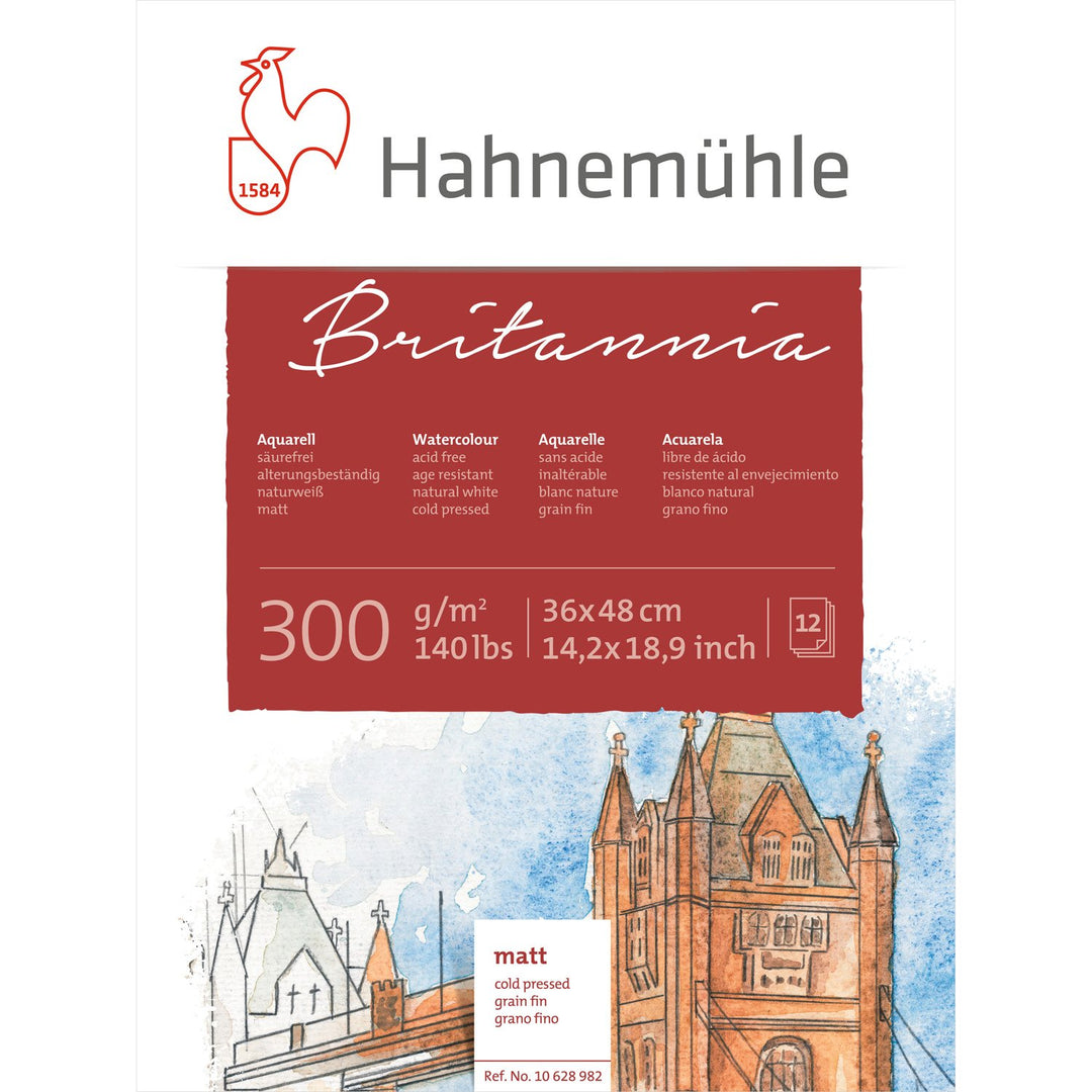 Hahnemühle Britannia Aquarellblock, mattes naturweisses Aquarellpapier, 300 g/m², 12 Blatt, 36 x 48