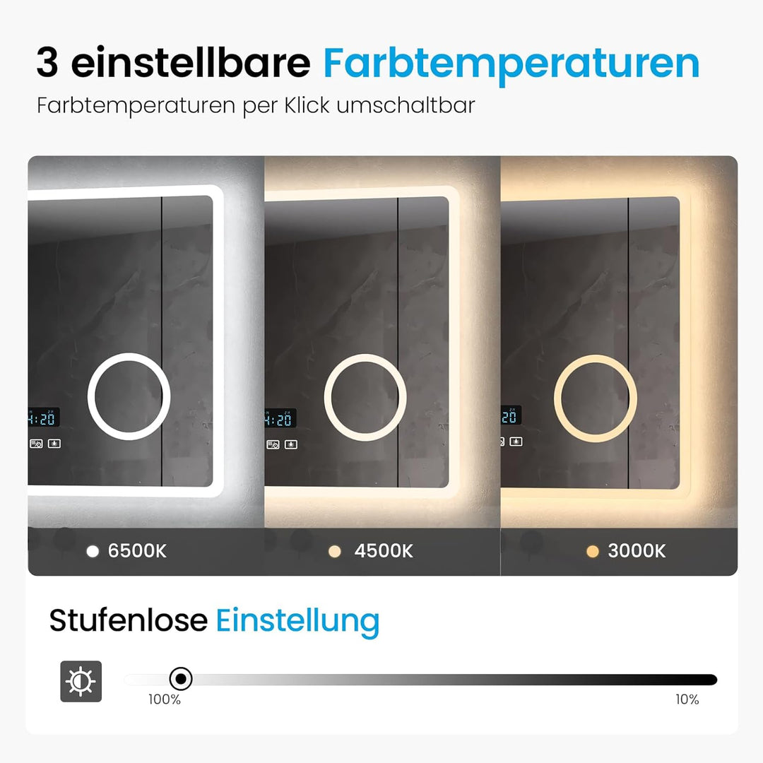 Heilmetz Bluetooth Badspiegel mit Beleuchtung 100x60cm, LED Badezimmerspiegel mit Licht, Uhr, 3 Lich