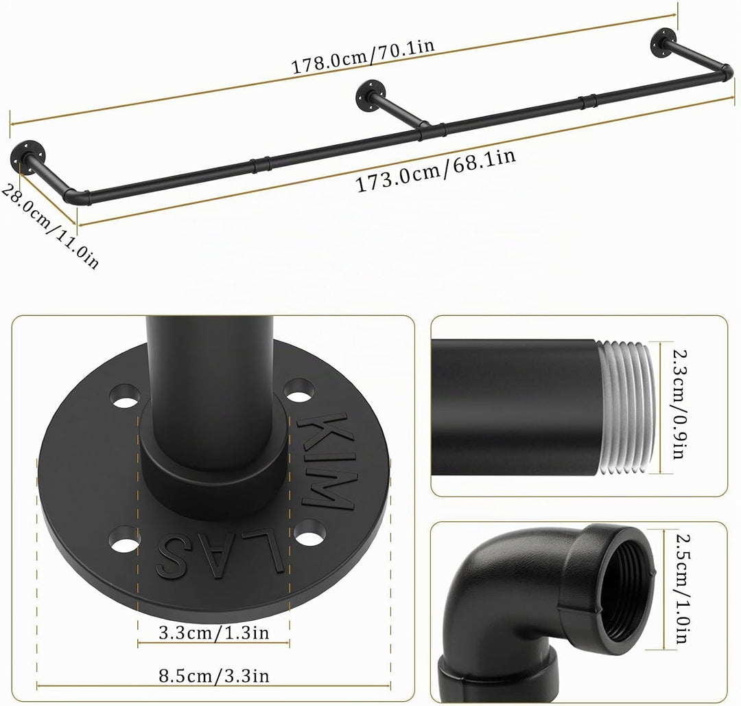 Yawinhe Industrierohr Kleiderstangen,180cm Kleiderbügel für die Wand, Platzsparenders Wandregal Küch