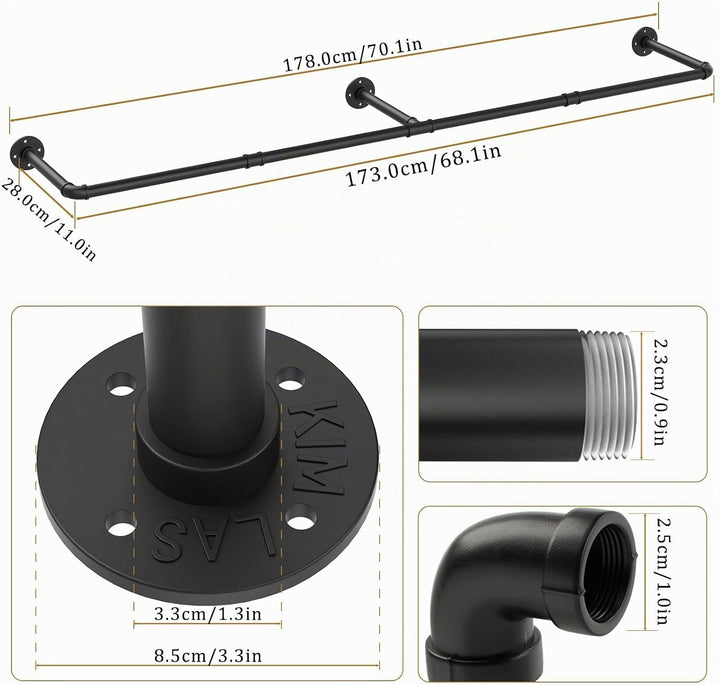 Yawinhe Industrierohr Kleiderstangen,180cm Kleiderbügel für die Wand, Platzsparenders Wandregal Küch