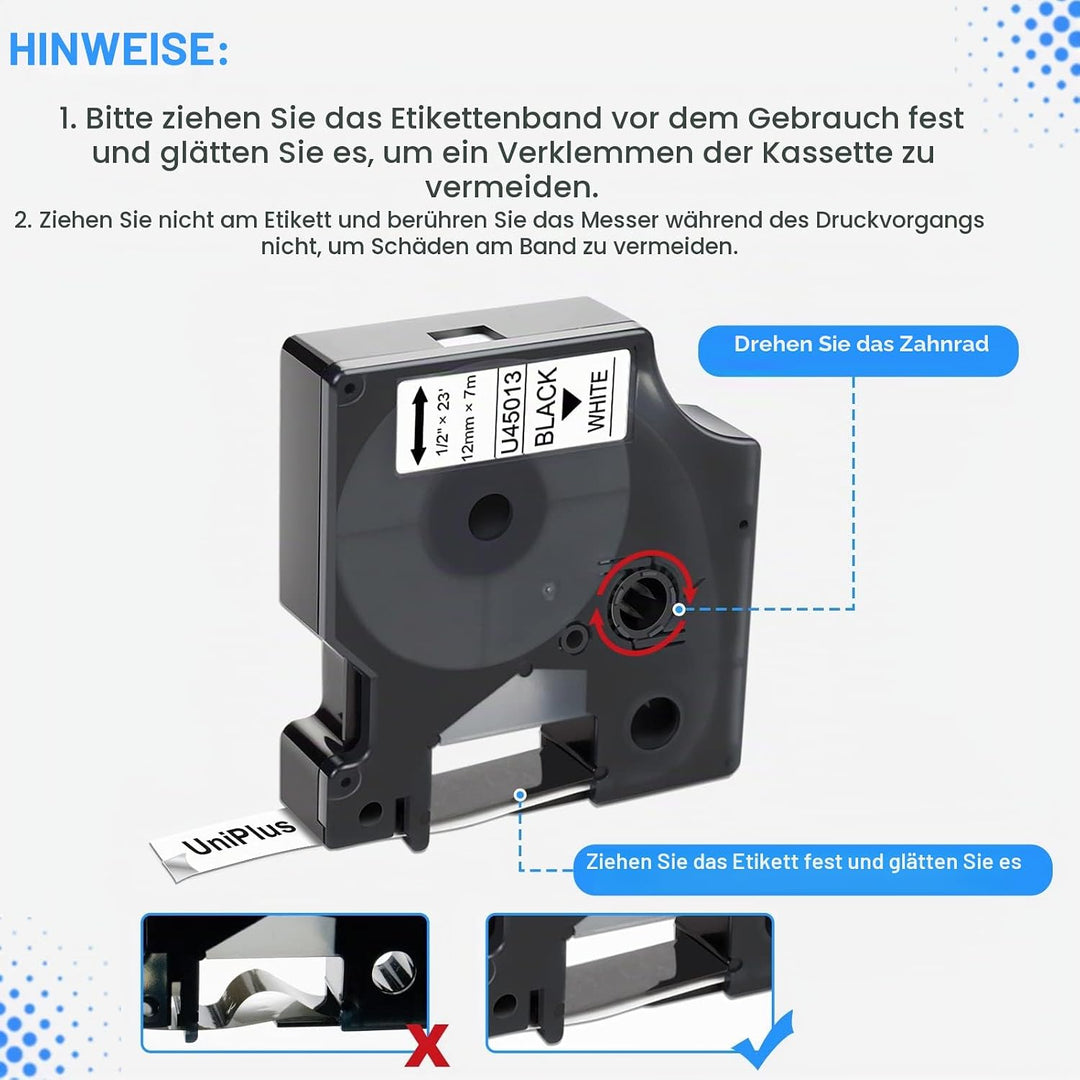 UniPlus Kompatible D1 12mm Etikettenband Ersatz für Dymo D1 45013 S0720530 45013s Etikettenband D1 S