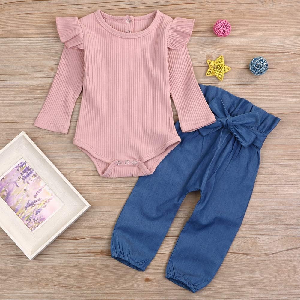 Neugeborenes Baby Mädchen Kleidung Rüschen Strampler + Schleife Denim Hosen Outfits Set 12-18 Monate