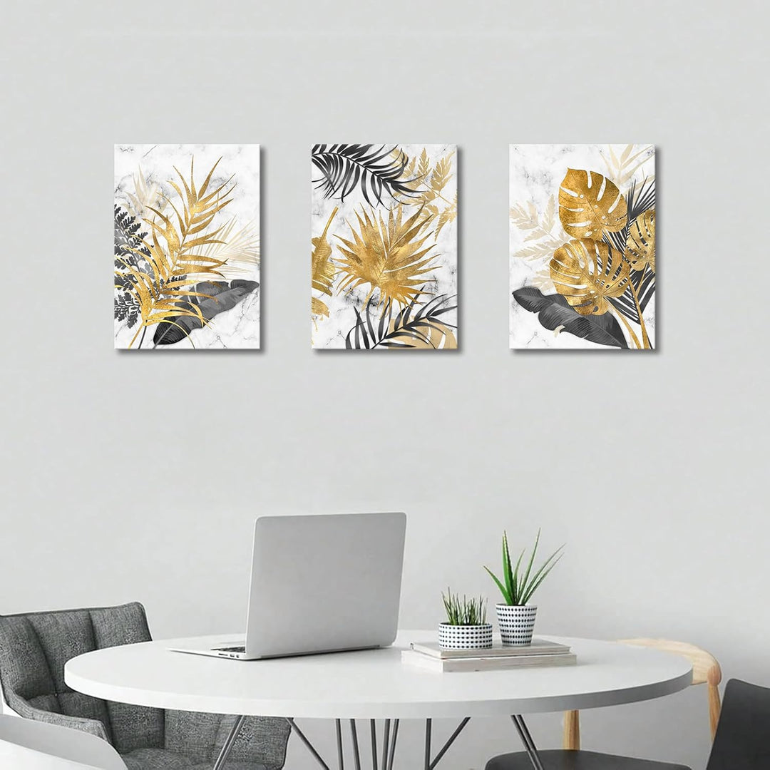 3 Teilig Leinwandbilder Bilder mit Rahmen Abstrakt Grau Gold Blätter bild auf leinwand Wandkunst Mod
