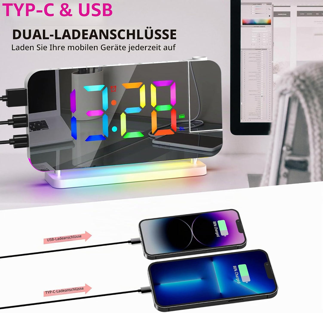 Lancoon Digitaler Wecker mit 180° Projektion Funkuhr 11 RGB Farbdisplay 10 Farben Nachtlicht 15 Stuf