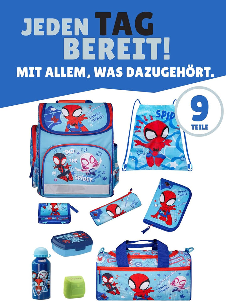 Familando - Schulranzen-Set für Spiderman Fans - Spidey & Friends - 9-teilig mit Lunch-Set - Ergonom