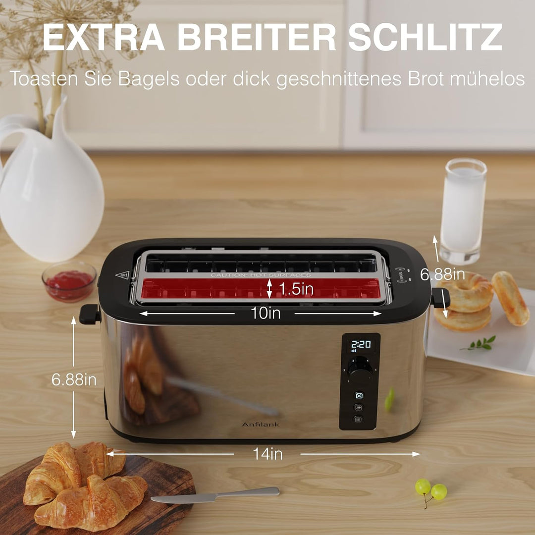 Toaster 4 Scheiben, Countdown-Timer, 6 Bräunungsstufen, integrierter Warmhalterost, Auftau-/Aufwärm-