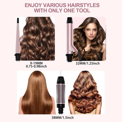 Lockenstab Set 3 in 1, DSGKUU Lockenstäbe mit Thermal Brush und Keramik Lockeneisen, Lockeneisen mit