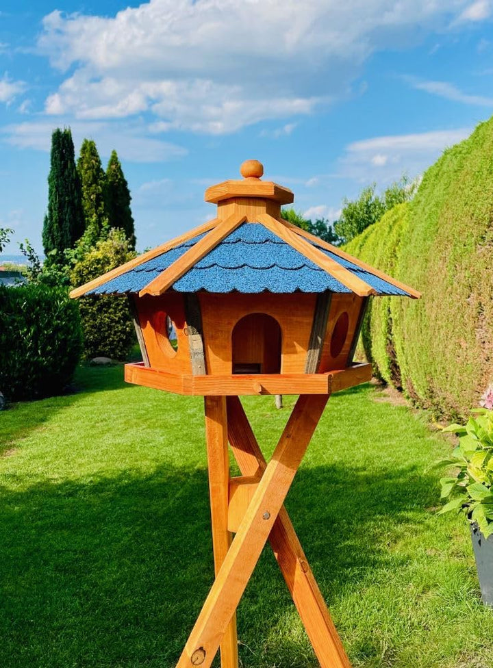 Vogel Futter Haus L oder XL Sechseck Holz Vogelhaus Futterstelle Braun/Blau, Rot, Schwarz und Grün (