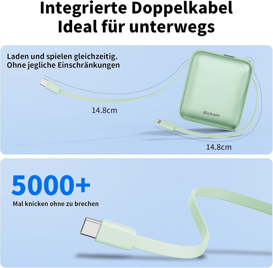 Hichain Power Bank Klein, 10000mAh 22,5W Powerbank USB C Schnellladen mit Integriertem USB-C Kabel,