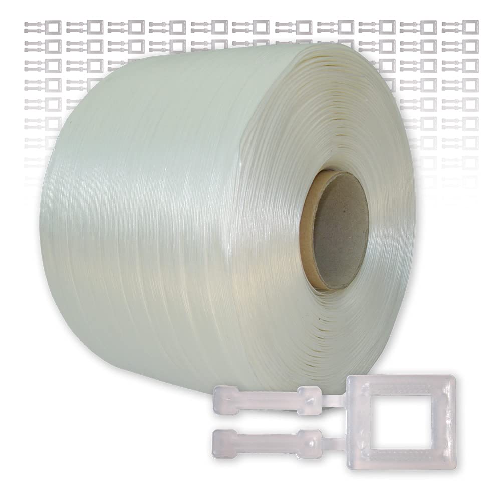 Polyester Umreifungsband 13 mm, 400 m, 60 mm Kern + 250 Kunststoffklammern 13 mm