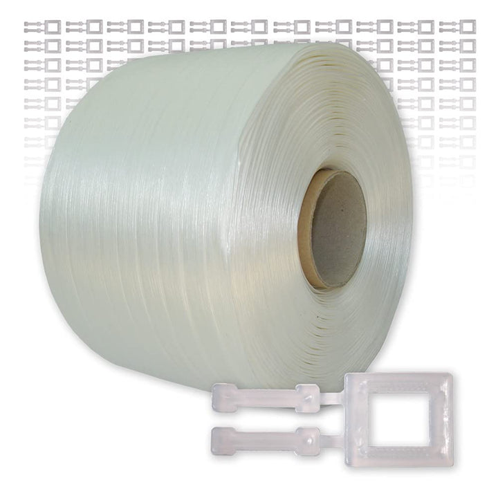 Polyester Umreifungsband 13 mm, 400 m, 60 mm Kern + 250 Kunststoffklammern 13 mm