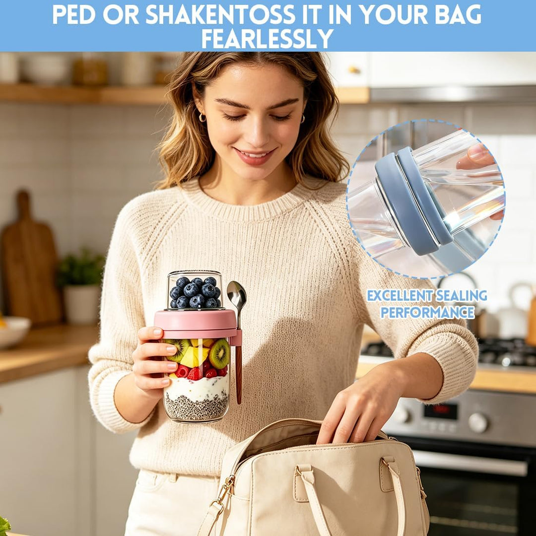 Müslibecher to Go 480ml+120ml, Overnight Oats Glas mit Deckel, Joghurtbecher to Go mit Trocken und N