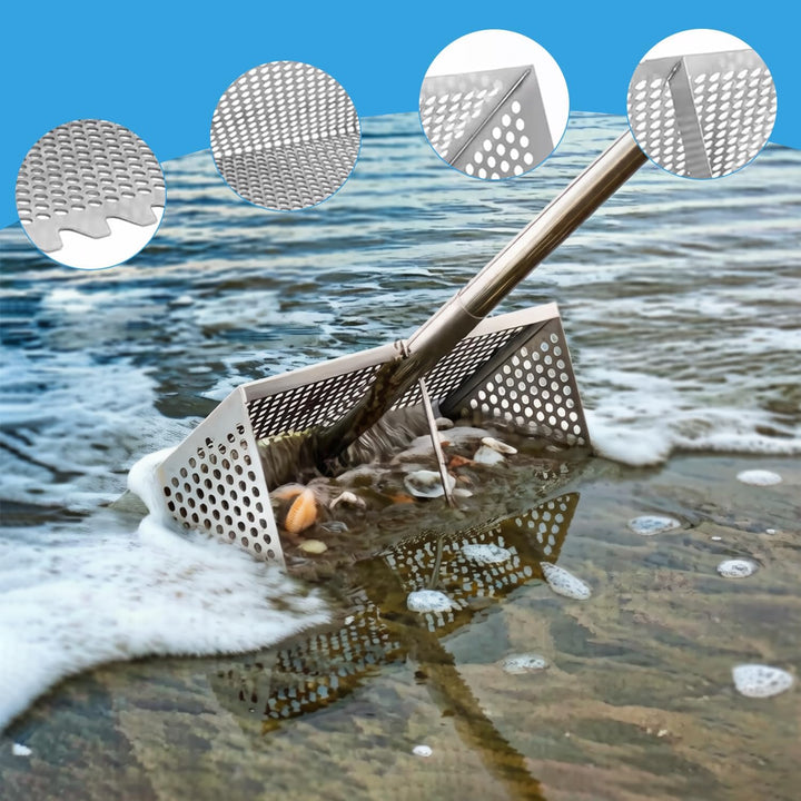 Sandflohrechen für den Strand, Sandschaufel und -sieb aus Edelstahl, extra grosser, 40 cm breiter Re