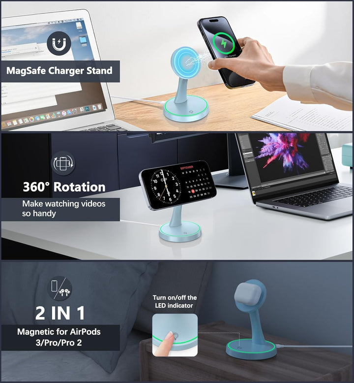 Induktive Ladestation Kompatibel mit Mag Safe Ladegerät,OANDYS 2 in 1 15W Schnelles iPhone Ladestati