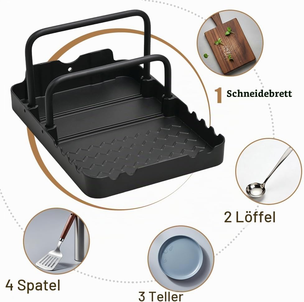 MiOYOOW Topfdeckelhalter, Schneidebretthalter mit Löffelablage, Rutschfester Topfdeckel Pfannen Orga