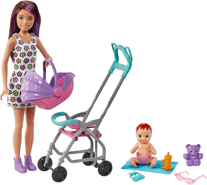 Barbie Skipper Babysitter Inc, Skipper mit braunen und lila Haaren, Baby, Kinderwagen, Babytrage, Zu