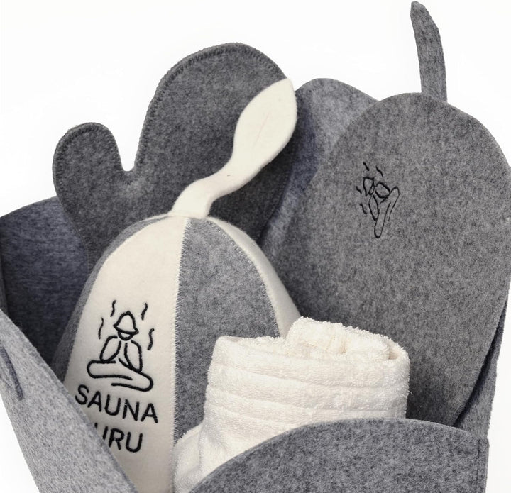 Sauna-Zubehör-Set – Woll-Banja-Hut, Kilt-Handtuch, Aufbewahrungstasche, Filzhandschuh &amp; Sitzkissen –