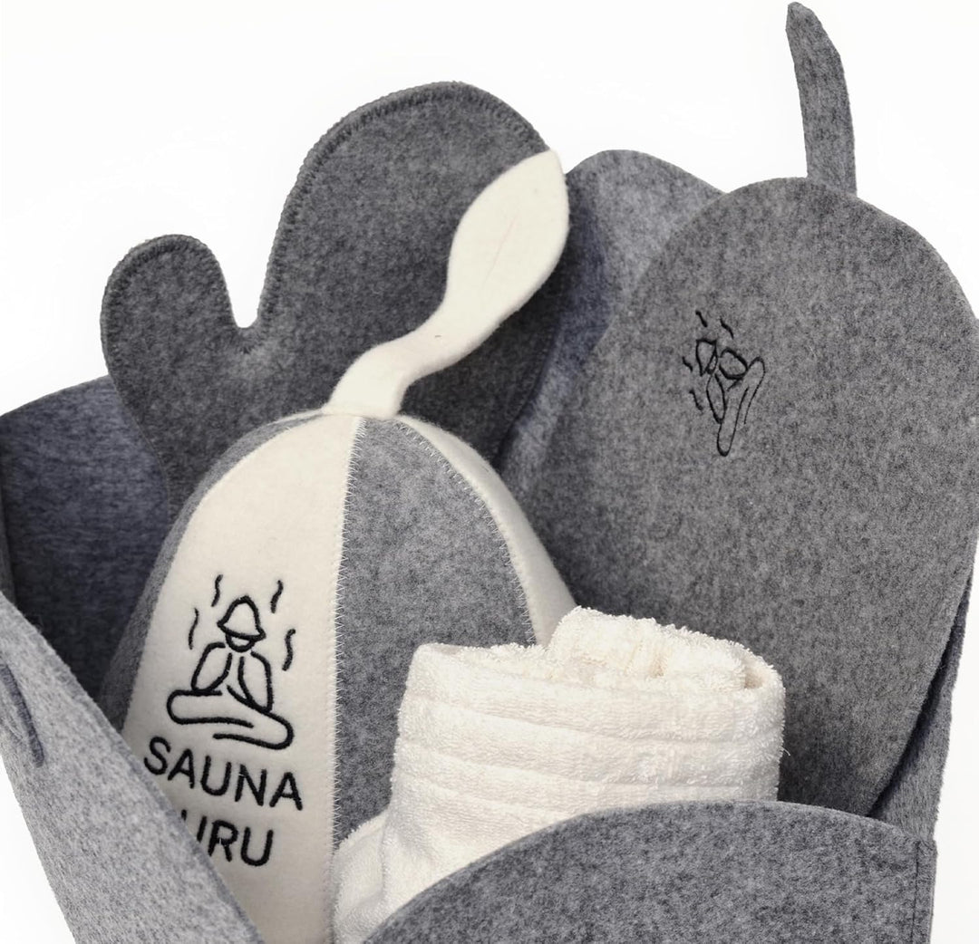 Sauna-Zubehör-Set – Woll-Banja-Hut, Kilt-Handtuch, Aufbewahrungstasche, Filzhandschuh &amp; Sitzkissen –