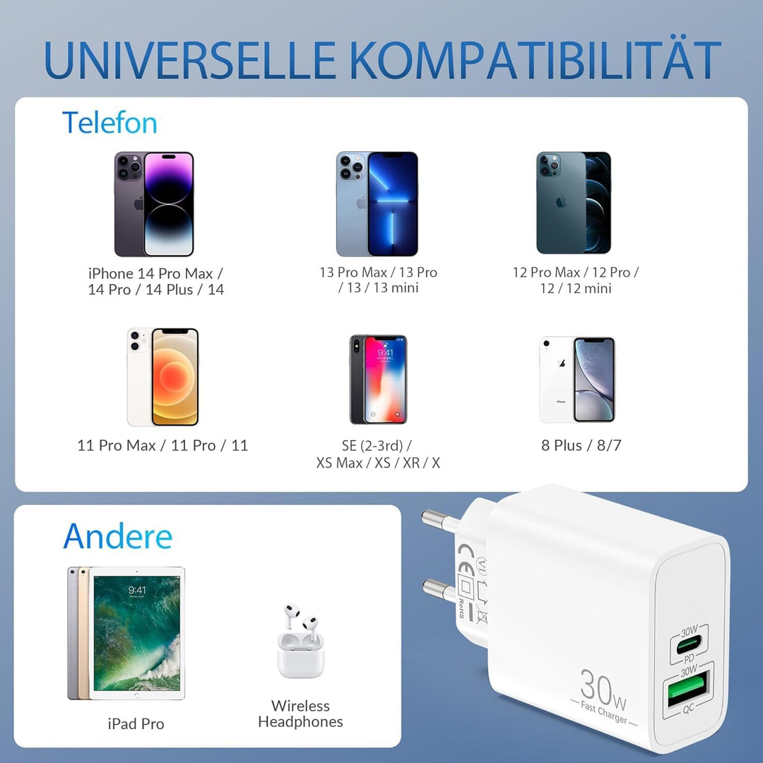 ARCCRA 30W 2-Port Schnellladegerät + 3M Lang Ladekabel für iPhone 14 13 12 11 Pro Max Plus, iPhone X