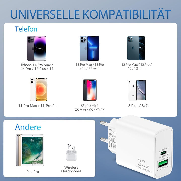 ARCCRA 30W 2-Port Schnellladegerät + 3M Lang Ladekabel für iPhone 14 13 12 11 Pro Max Plus, iPhone X