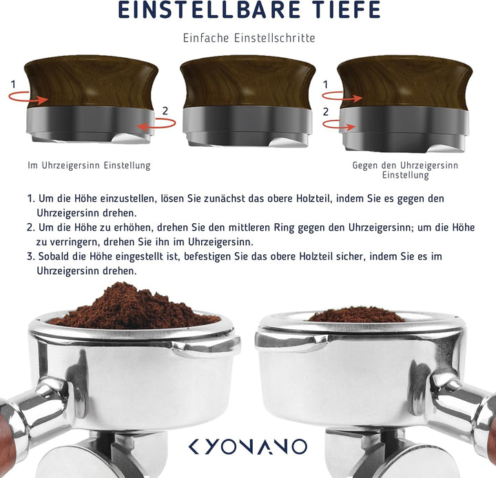 KYONANO Distributor 53.3mm höhenverstellbar, Kaffeepulver-Verteiler aus Premium Edelstahl & Walnussb